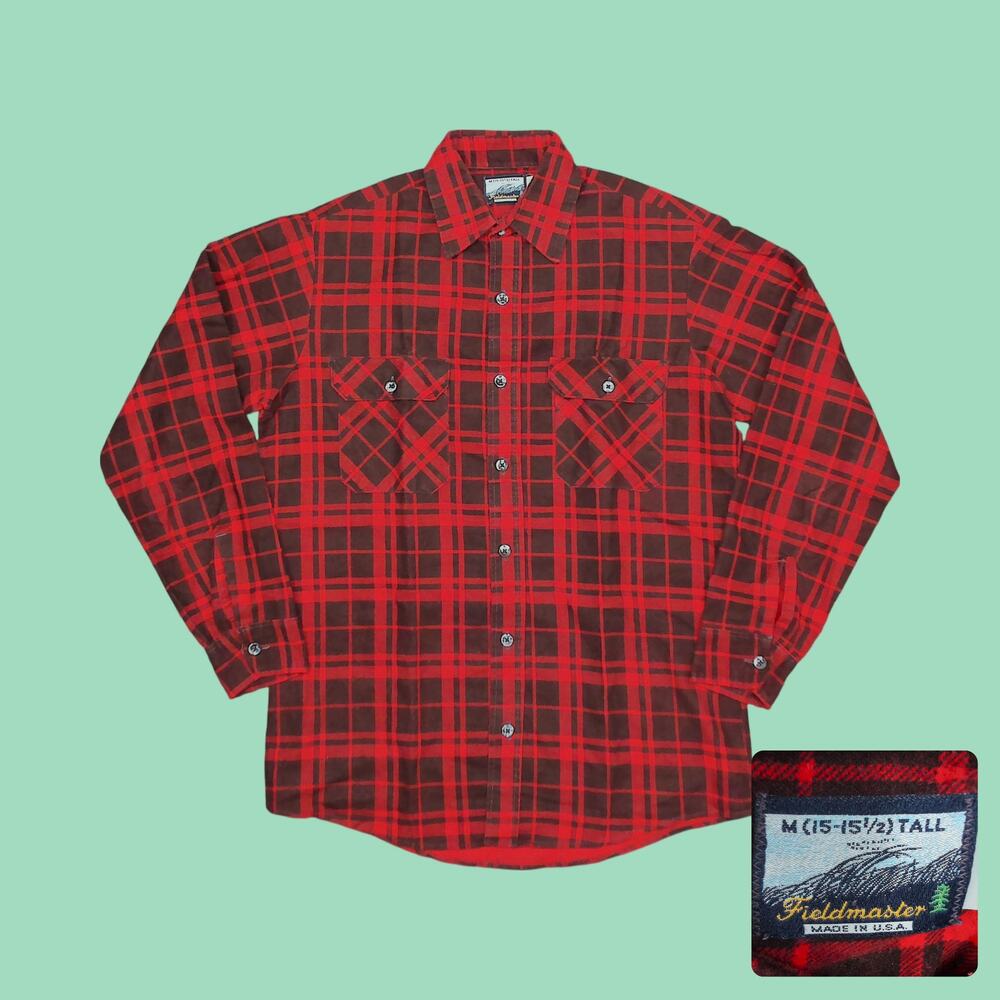 Vintage 80s Fieldmaster Red Plaid Flannel Mens Medium Tall USA
